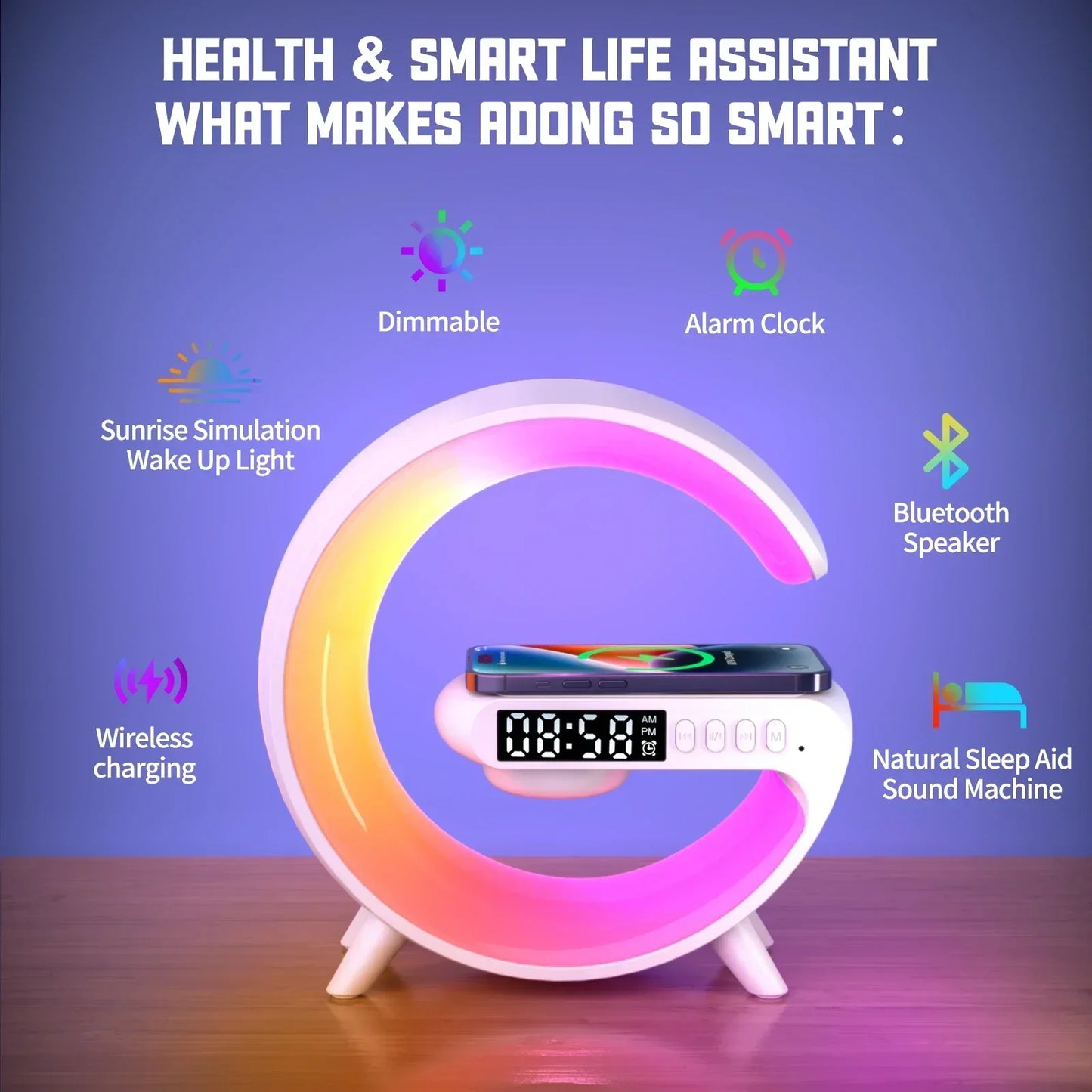 🔋 Soporte de Carga Inalámbrica Multifuncional con Luz RGB, Reloj, Alarma y Bocina Bluetooth