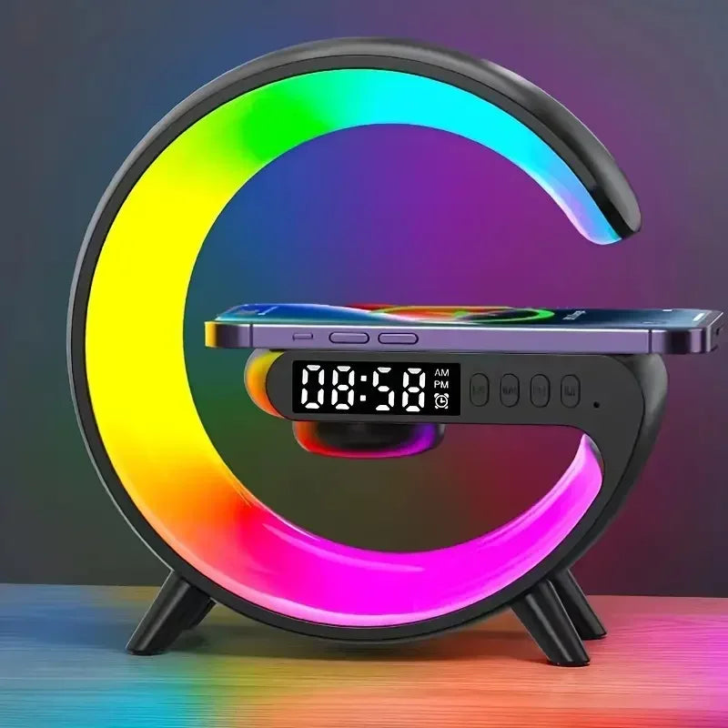🔋 Soporte de Carga Inalámbrica Multifuncional con Luz RGB, Reloj, Alarma y Bocina Bluetooth