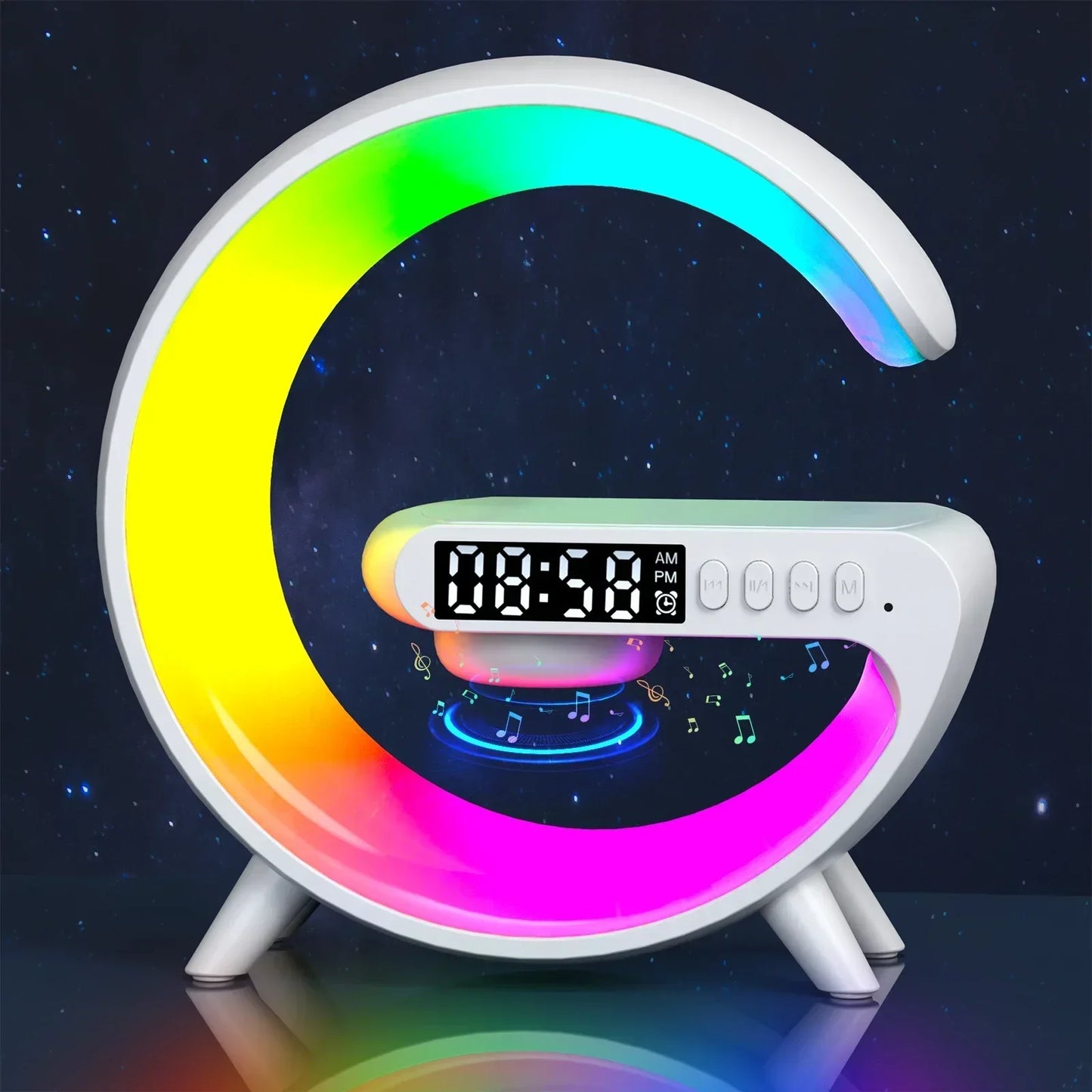 🔋 Soporte de Carga Inalámbrica Multifuncional con Luz RGB, Reloj, Alarma y Bocina Bluetooth