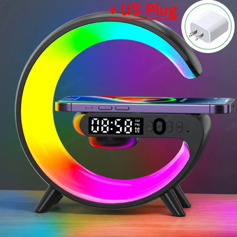 🔋 Soporte de Carga Inalámbrica Multifuncional con Luz RGB, Reloj, Alarma y Bocina Bluetooth