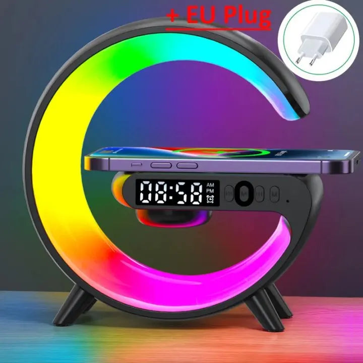 🔋 Soporte de Carga Inalámbrica Multifuncional con Luz RGB, Reloj, Alarma y Bocina Bluetooth