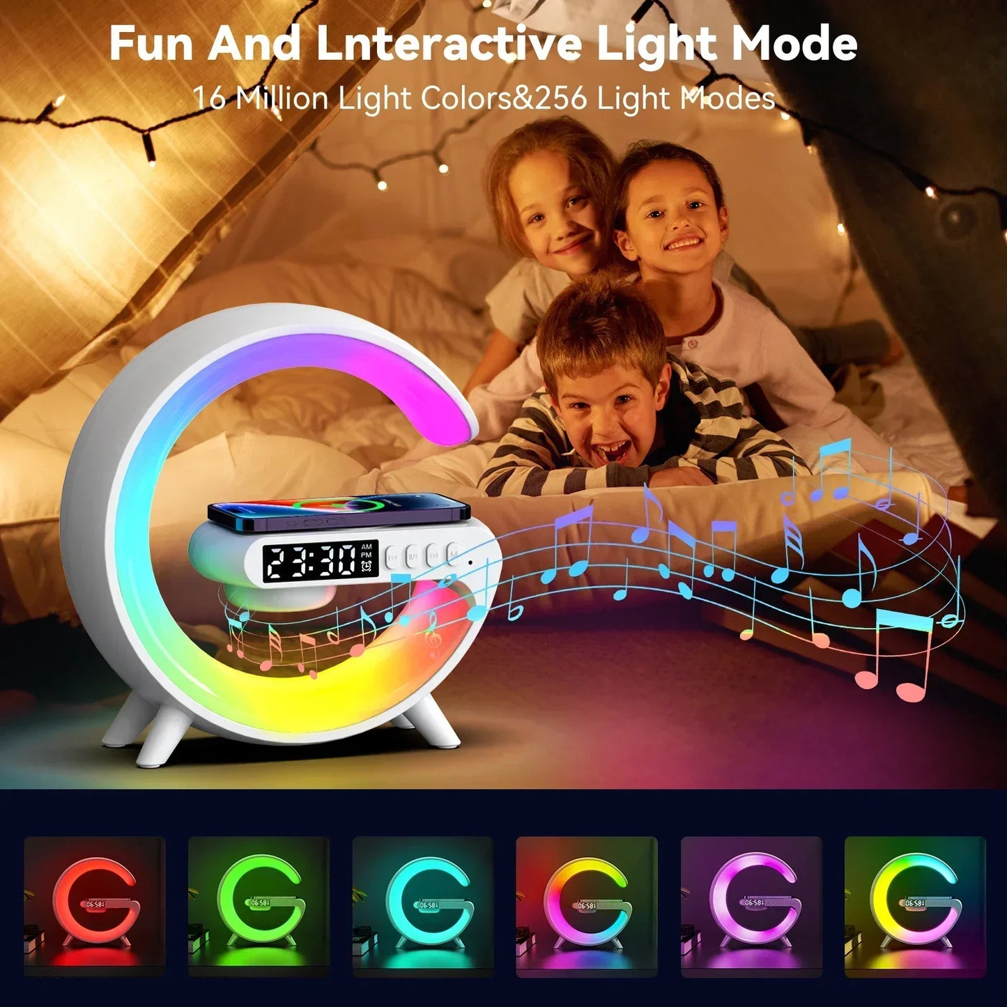 🔋 Soporte de Carga Inalámbrica Multifuncional con Luz RGB, Reloj, Alarma y Bocina Bluetooth