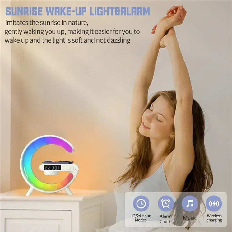 🔋 Soporte de Carga Inalámbrica Multifuncional con Luz RGB, Reloj, Alarma y Bocina Bluetooth