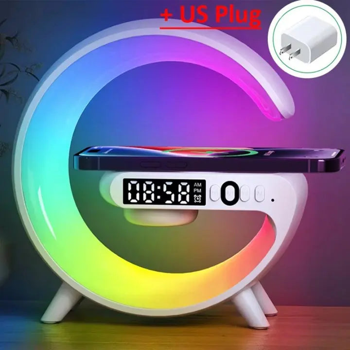 🔋 Soporte de Carga Inalámbrica Multifuncional con Luz RGB, Reloj, Alarma y Bocina Bluetooth